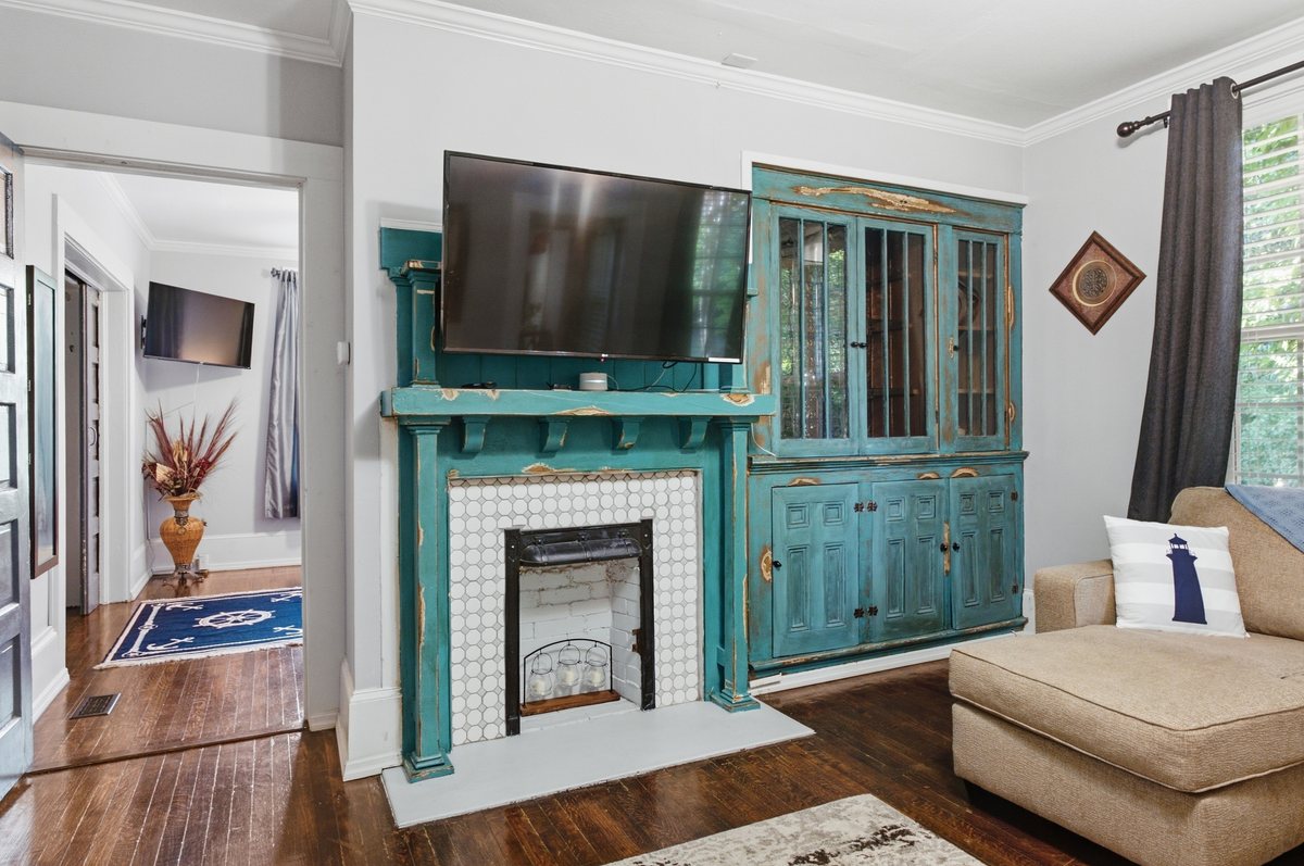 Decorative fireplace and built-in cabinetry